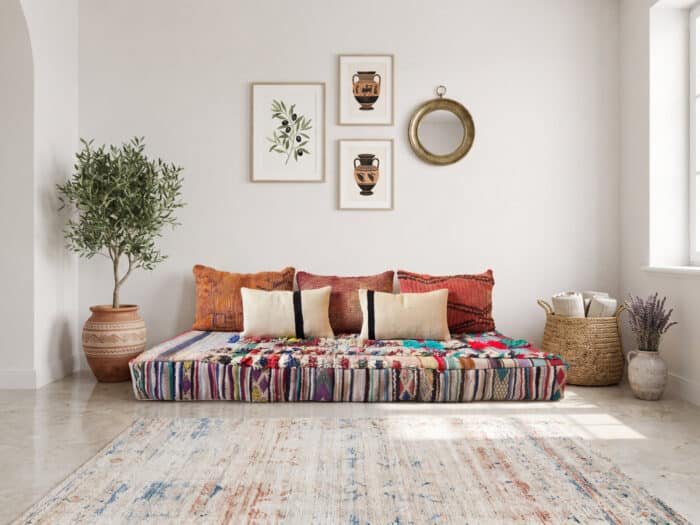 Boucherouite rag floor sofa in vibrant recycled textiles with vintage kilim and striped cushions
