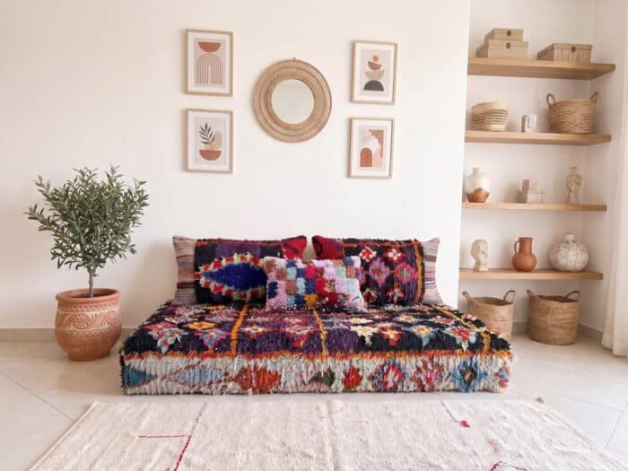 Moroccan Boucherouite Floor Seating Set Handcrafted Wool Cushions