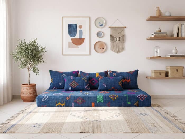 Moroccan Kilim Floor Sofa Set in Deep Indigo Blue