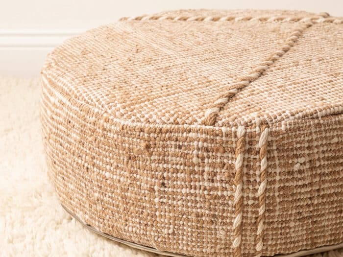 Morocco Beige Ottoman close-up showing chunky tan and cream cotton weave with twisted rope trim
