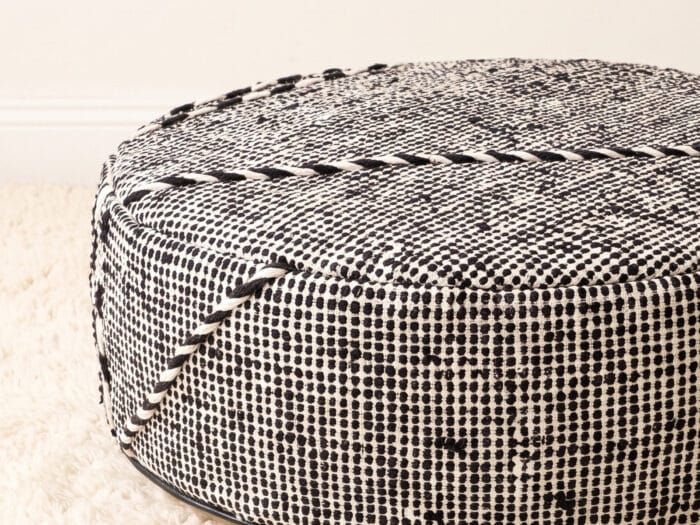Morocco Black and White Ottoman close-up showing black dot cotton weave and braided cord edge
