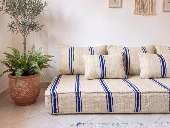 Navy striped kilim floor sofa styled straight-on beneath a botanical gallery wall and olive tree