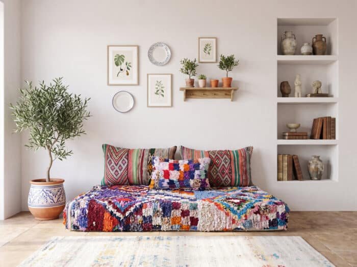Plush boucherouite floor couch with vintage kilim cushions in a bright boho room with olive tree