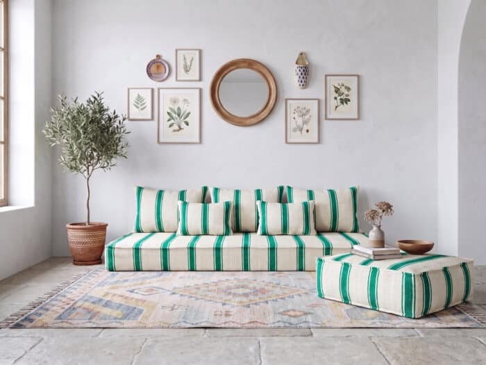 Moroccan Emerald Stripe Floor Salon Set with Pouf