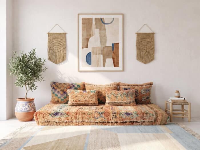 Vintage Berber Wool Floor Sofa Set with Kilim Accent