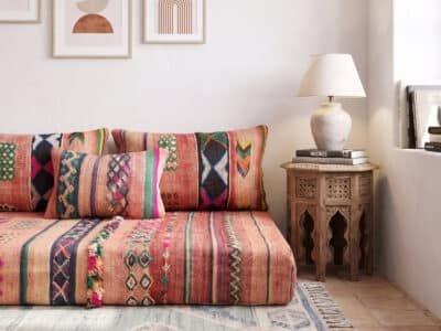 Vintage Terracotta Floor Sofa – Handwoven Multicolor Berber Stripes - Image 9
