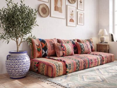 Vintage Terracotta Floor Sofa – Handwoven Multicolor Berber Stripes - Image 8