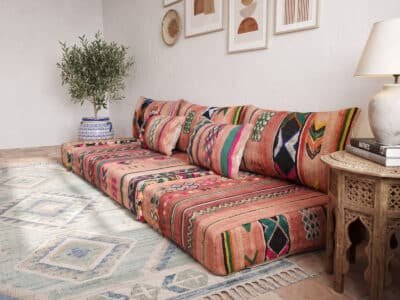 Vintage Terracotta Floor Sofa – Handwoven Multicolor Berber Stripes - Image 6