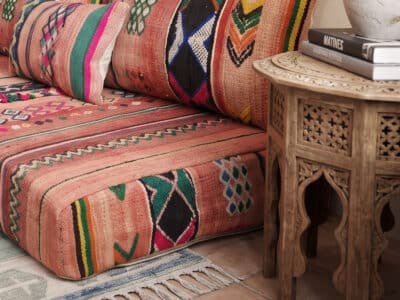 Vintage Terracotta Floor Sofa – Handwoven Multicolor Berber Stripes - Image 5