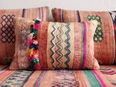 Vintage Terracotta Floor Sofa – Handwoven Multicolor Berber Stripes - Image 4