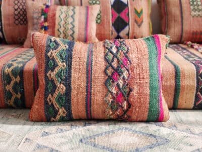 Vintage Terracotta Floor Sofa – Handwoven Multicolor Berber Stripes - Image 3