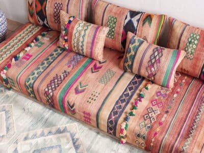 Vintage Terracotta Floor Sofa – Handwoven Multicolor Berber Stripes - Image 2