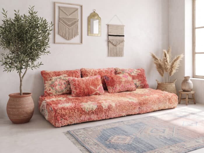 Salmon pink shag floor sofa with plush back and lumbar pillows beside pampas grass