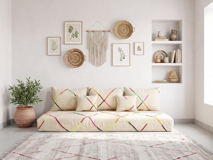 Rainbow diamond floor couch with three back pillows and two cushions in a white boho living room