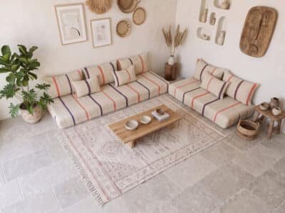 L-Shaped Moroccan Floor Sofa – Ivory Wool, Orange & Navy Stripes - Image 3