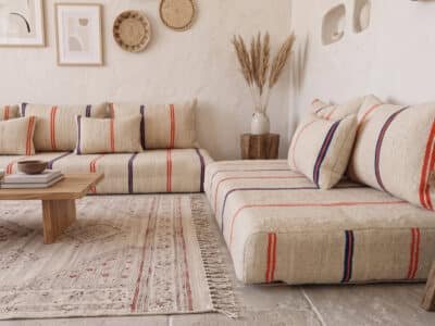 L-Shaped Moroccan Floor Sofa – Ivory Wool, Orange & Navy Stripes - Image 2