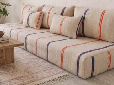 L-Shaped Moroccan Floor Sofa – Ivory Wool, Orange & Navy Stripes - Image 7