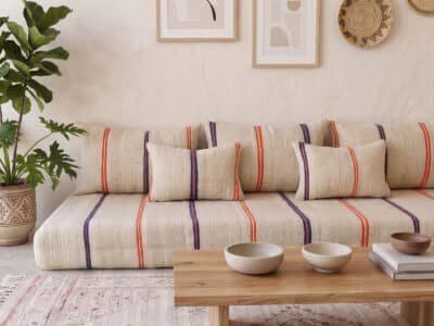 L-Shaped Moroccan Floor Sofa – Ivory Wool, Orange & Navy Stripes - Image 6
