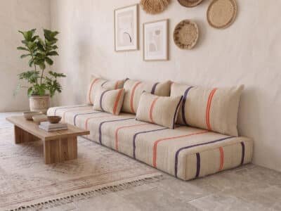 L-Shaped Moroccan Floor Sofa – Ivory Wool, Orange & Navy Stripes - Image 5