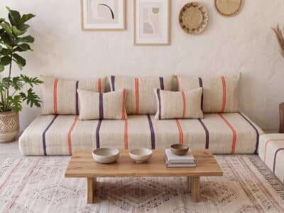 L-Shaped Moroccan Floor Sofa – Ivory Wool, Orange & Navy Stripes - Image 4