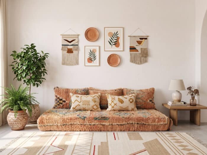 Apricot high-pile floor couch with teal and violet motifs in a sunlit room with terracotta tiles