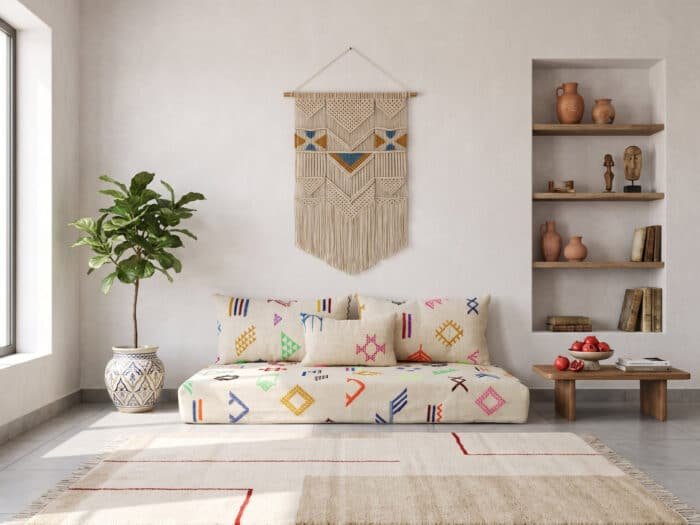 White Berber floor lounger in a bright room with macramé wall hanging and fiddle-leaf fig