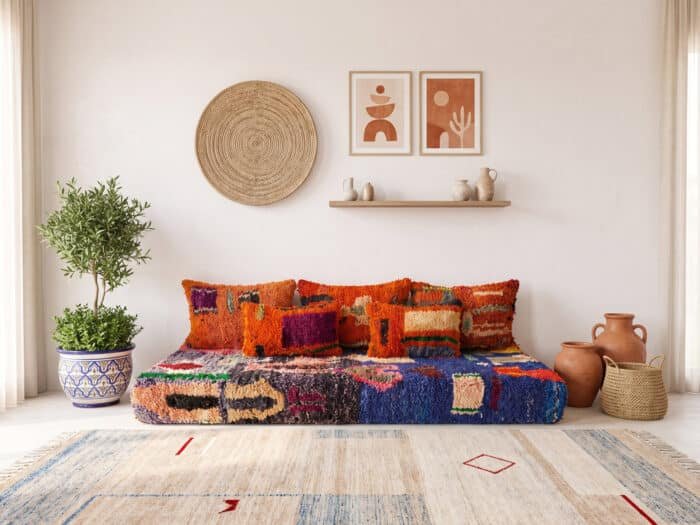 Fluffy Moroccan floor couch set, front view beside terracotta jars, an olive tree and a woven wall basket
