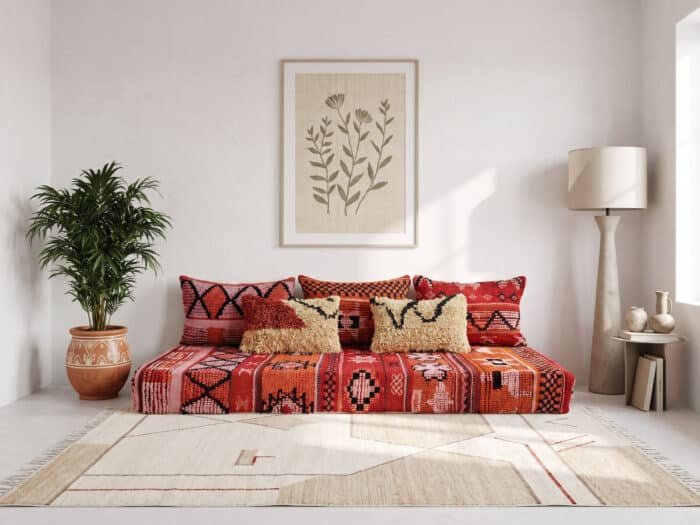 Poppy floor sofa in red, orange and pink wool with cream shaggy lumbar pillows