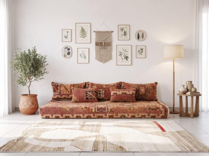 Rust and saffron floor couch with five vintage wool pillows, front view in a bright room