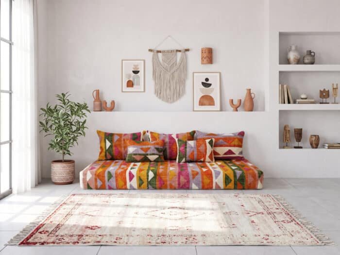 Triangle motif floor sofa in orange, fuchsia and lavender kilim with five pillows in a bright room