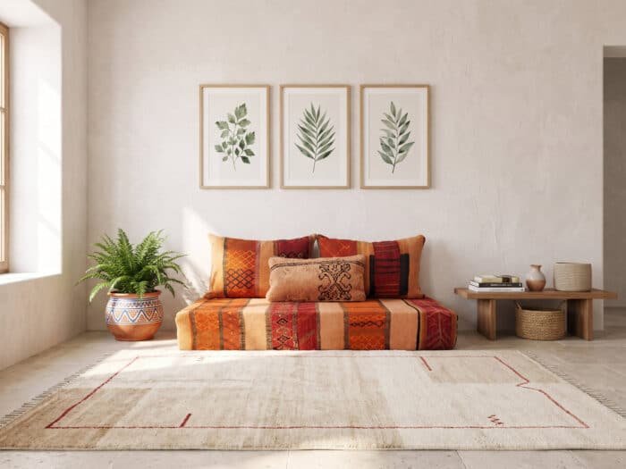 Vintage Berber kilim floor couch with rust and deep red stripes and three cushions