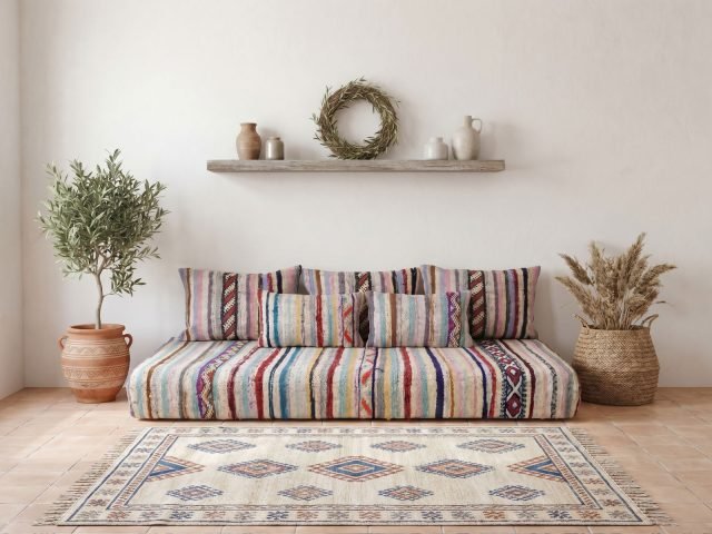 Boucherouite Floor Sofa Set Handwoven Moroccan Kilim Cushions