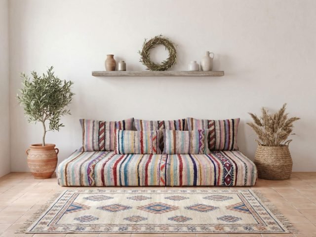 Boucherouite Floor Sofa Set Handwoven Moroccan Kilim Cushions