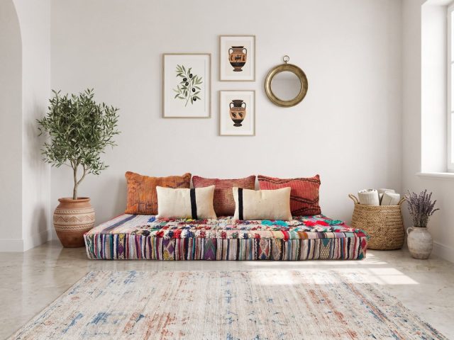 Boucherouite rag floor sofa in vibrant recycled textiles with vintage kilim and striped cushions