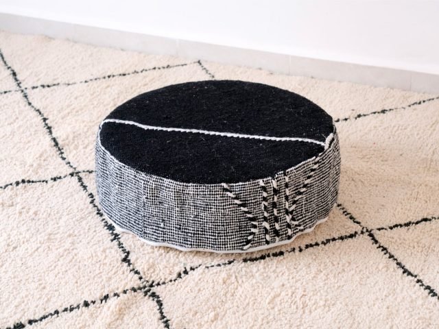 Wool Moroccan Pouf Black and White