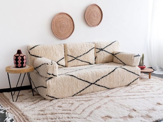 Moroccan White and Black Beni Floor Sofa