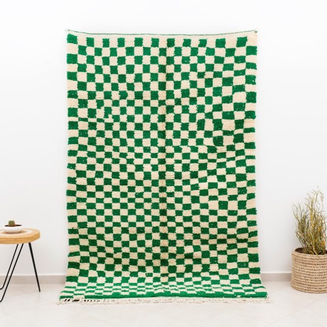 Moroccan Beni Ourain Checkered Carpet Green