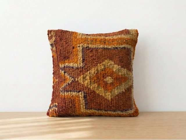 Handwoven Moroccan Berber Wool Cushion in Terracotta Tones
