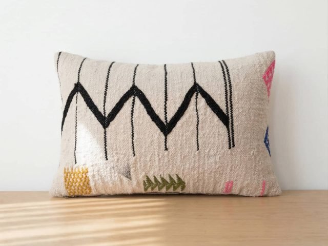 Handwoven Moroccan Kilim Lumbar Pillow with Color Accents