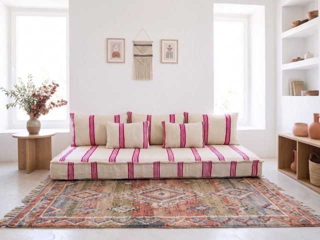 Ivory pink stripe floor sofa in a bright Marrakech living room with terracotta pottery and olive branches