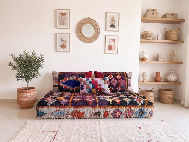 Moroccan Boucherouite Floor Seating Set Handcrafted Wool Cushions