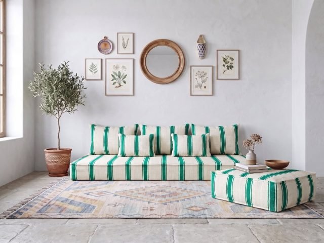 Moroccan Emerald Stripe Floor Salon Set with Pouf