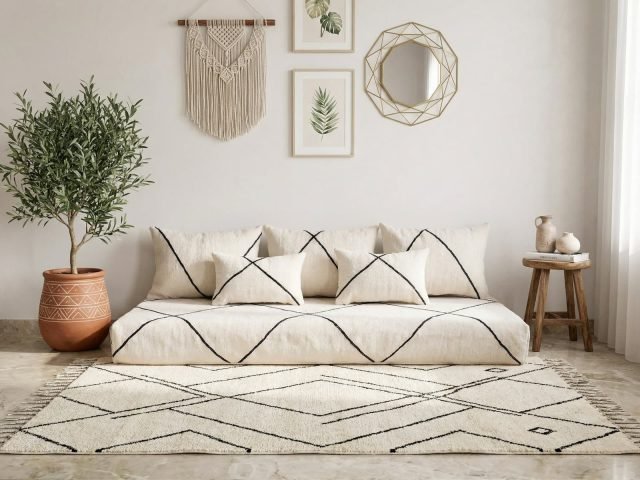 Moroccan White Wool Floor Couch set