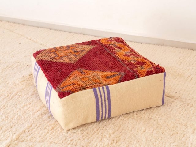 Vintage Red Berber Pouf with Lavender Stripes