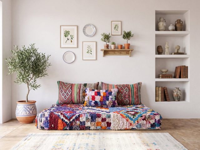 Plush boucherouite floor couch with vintage kilim cushions in a bright boho room with olive tree