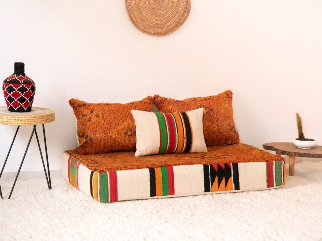 120 cm // 4 ft Vintage Orange handmade Floor Sofa with Berber Accents