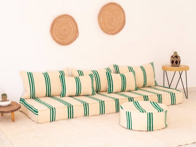 210cm ft 7ft Moroccan Green Striped Blanket Sofa with Round Pouf