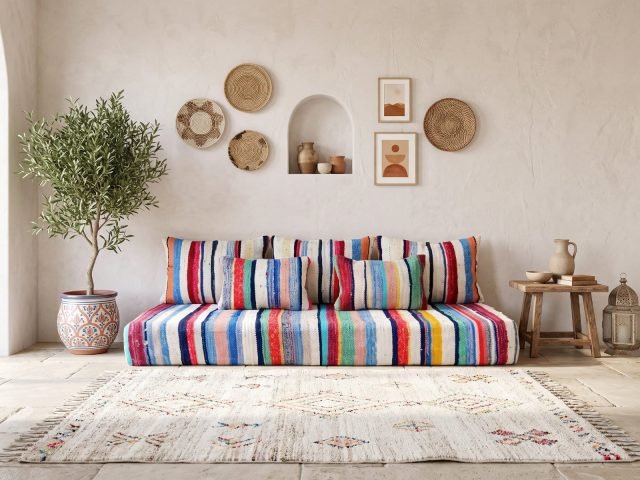 Multicolor boho floor sofa styled against a white plaster wall with striped cushions and olive tree